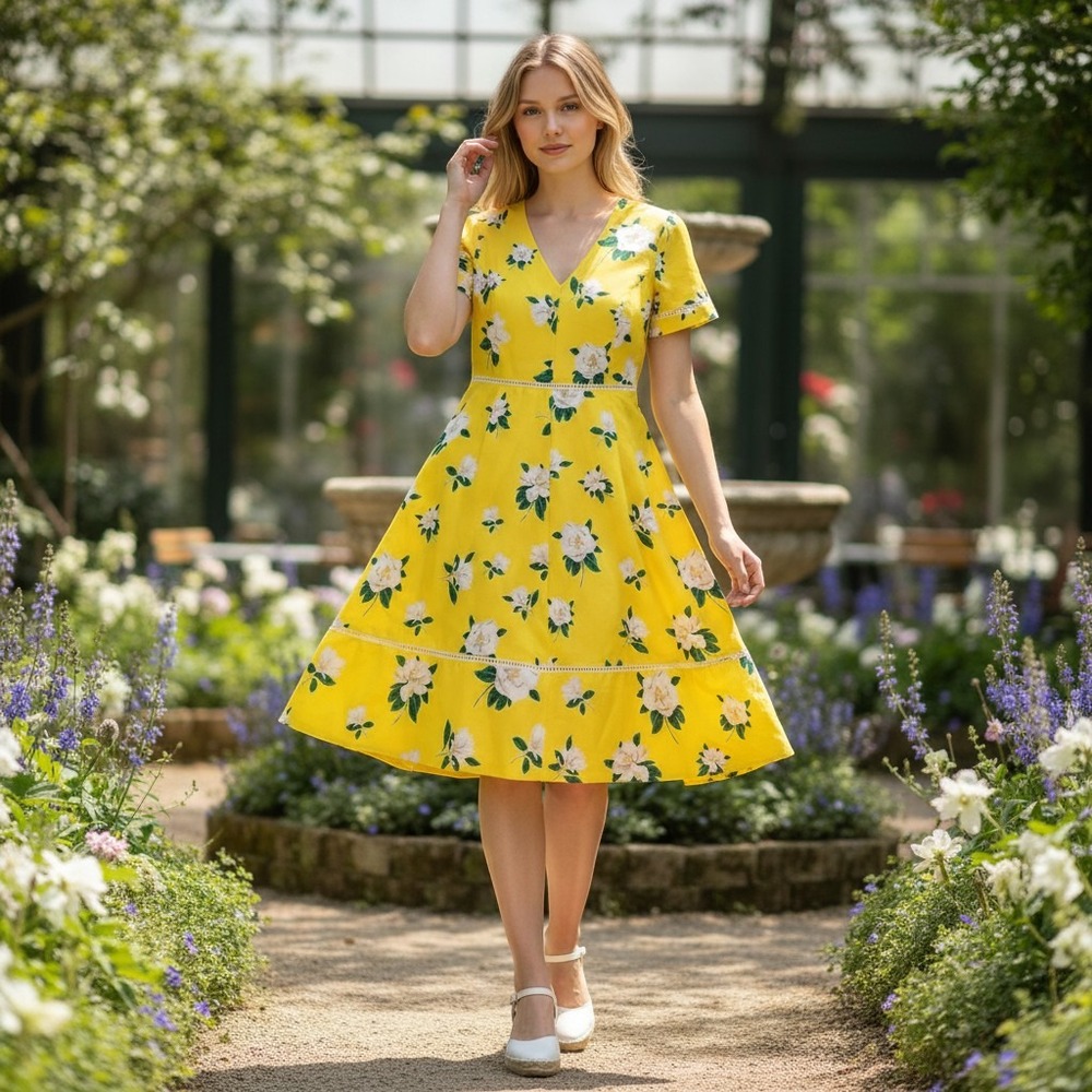 Draper James Yellow Magnolia Floral Open‎ Back Midi Dress 10 Ladder Lace Trim